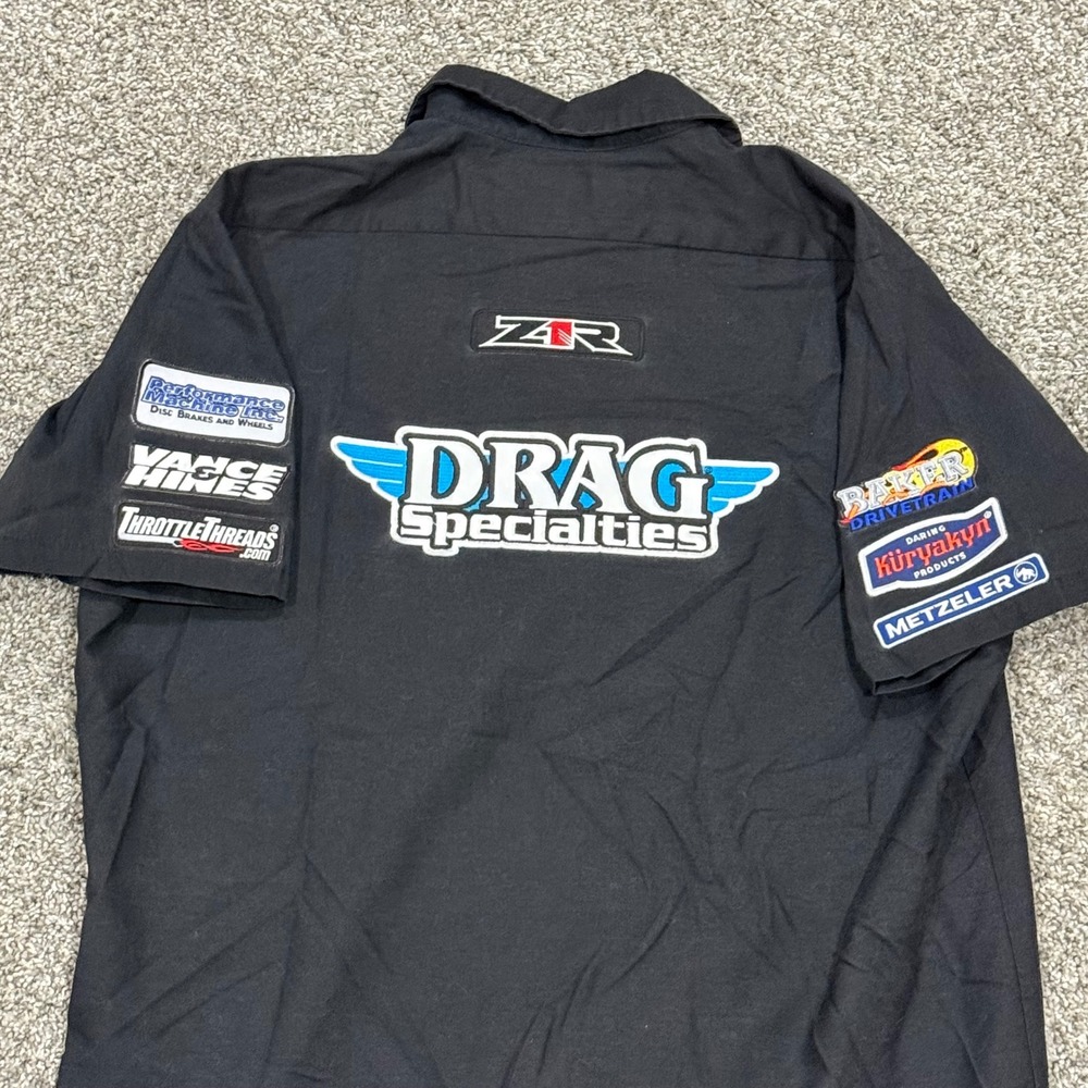 Y2K Throttle Threads Racing Mechanic Shirt Drag Specialties Patches Mens Large - Picture 6 of 7
